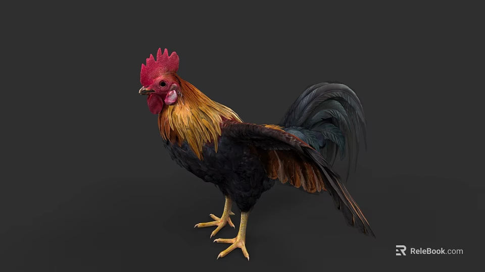 Vibrant Rooster With Red Comb And Colorful Feathers On Black Background 3d model