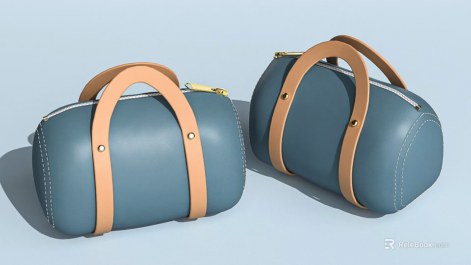 Stylish Blue Leather Handbags With Brown Handles White Stitching And Gold Zippers 3d model 