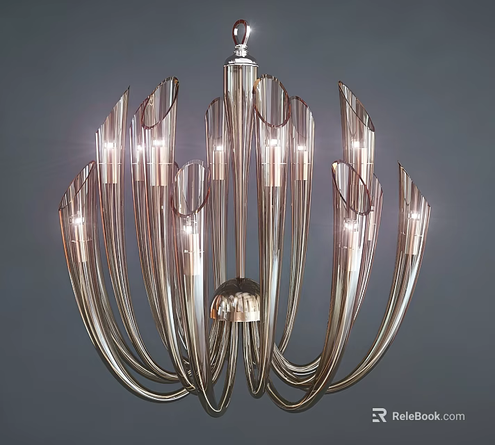 Elegant Contemporary Chandelier With Sleek Curved Metal Arms And Warm Glow 3d model 