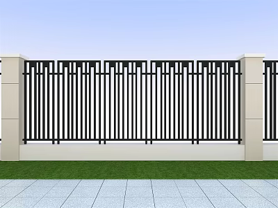 Building Exterior Wall Featuring Beige Pillars Black Vertical Slat Fence Green Grass Gray Stone Pavement 3d model