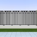 Building Exterior Wall Featuring Beige Pillars Black Vertical Slat Fence Green Grass Gray Stone Pavement