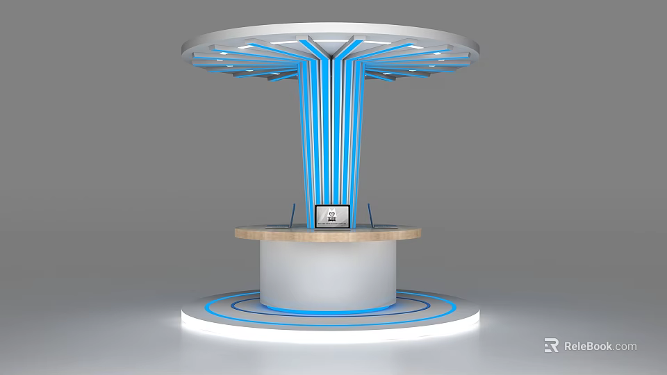 Modern Circular Information Kiosk With Illuminated Blue Lines Base Platform And Screen 3d model 