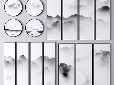 Black And White Ink Wash Landscape Paintings With Misty Mountains And Circular Vertical Formats 3d model