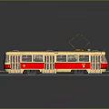 Red And Beige Tram Train With Pantograph On Top Parked On Gray Platform