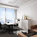 Modern Office Interior With Desk Chairs Sofa Plant Coffee Table And Large Windows 3d model