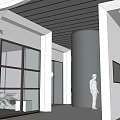 Modern Exhibition Hall Exterior With Streamlined Roof White Structure And Glass Entrance