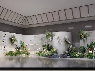 WALCOM Photo Check in Spot with White Curved Walls Green Plants and Lighting 3d model
