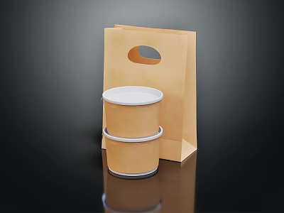 Decorative Ornament Set with Paper Bag and Stacked Paper Cups White Lids on Black Background 3d model