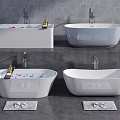 Freestanding White Bathtubs In Modern Bathroom With Rose Petals Faucets And Bath Mats