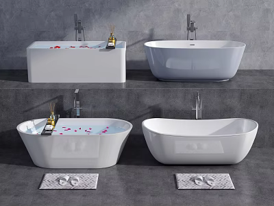 Freestanding White Bathtubs In Modern Bathroom With Rose Petals Faucets And Bath Mats 3d model