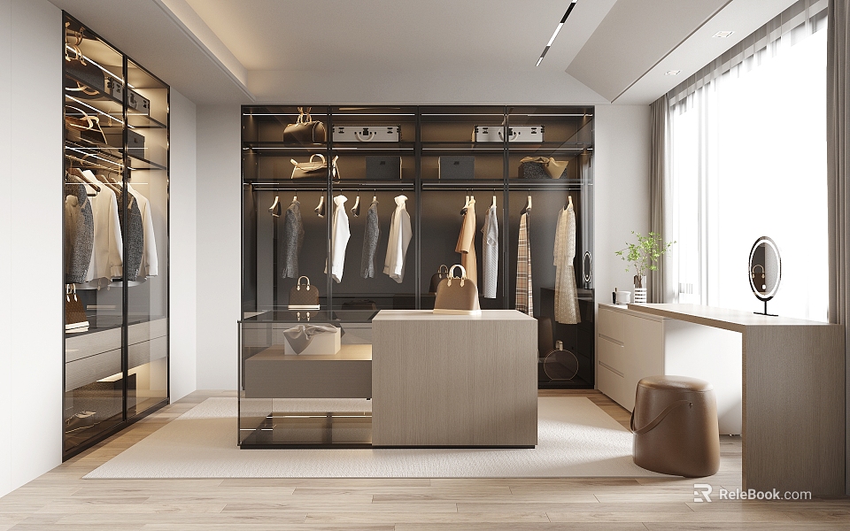 Modern Walk In Closet With Glass Cabinets And Dressing Table 3d model 
