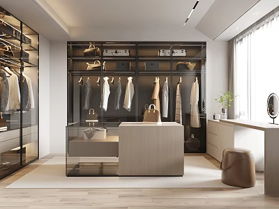 Modern Walk In Closet With Glass Cabinets And Dressing Table 3d model