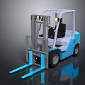 Blue and White Industrial Forklift with Hydraulic Mast Forks and Cab