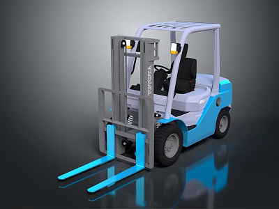 Blue and White Industrial Forklift with Hydraulic Mast Forks and Cab 3d model