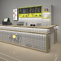 Modern Milk Tea Shop Interior With Grid Counter Cash Register And Yellow Menu Board