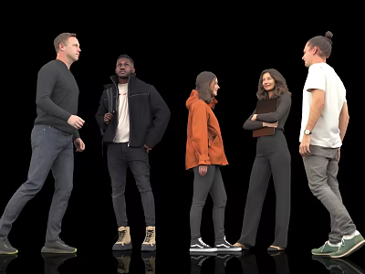 Group of Diverse People Standing Together in Casual Clothing Against Black Background 3d model