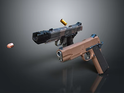 Man Holding Two Different Colored Guns With Bullet in Mid Air 3d model
