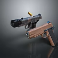 Man Holding Two Different Colored Guns With Bullet in Mid Air