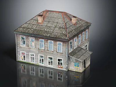 Vintage Residential Building with Wooden Exterior Tiled Roof Chimneys Multiple Windows and Small Annex 3d model