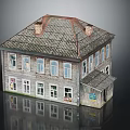 Vintage Residential Building with Wooden Exterior Tiled Roof Chimneys Multiple Windows and Small Annex