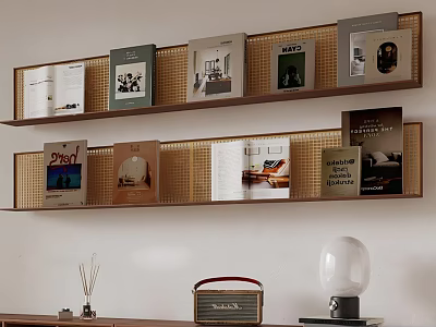 Modern Wooden Wall Mounted Bookshelf with Books Magazines Vintage Radio Scented Diffuser and Spherical Lamp 3d model