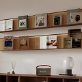 Modern Wooden Wall Mounted Bookshelf with Books Magazines Vintage Radio Scented Diffuser and Spherical Lamp