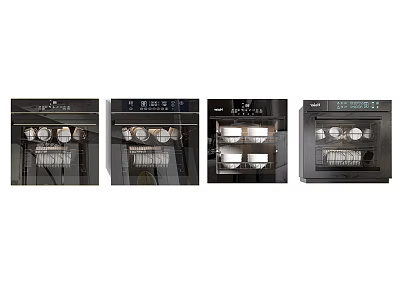 Four Black Dishwashers Modern Design With Interior Dishes And Stainless Steel Finish 3d model