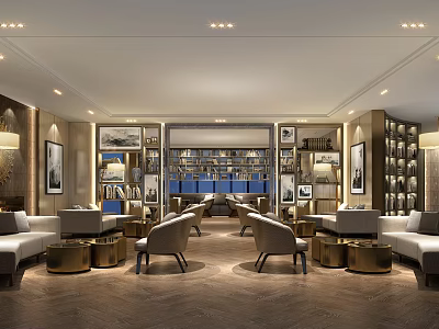 Stylish Hotel Public Lounge Area Interior With Cozy Sofas Armchairs And Built in Bookshelves 3d model