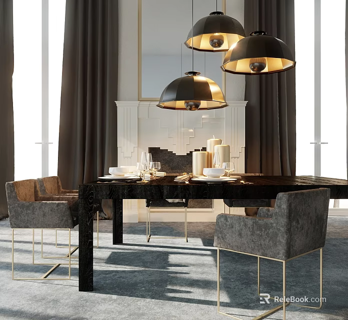 Elegant Modern Dining Room With Black Dining Table Grey Chairs Gold Legs And Hanging Lamps 3d model 