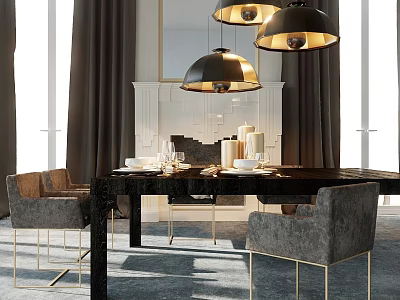 Elegant Modern Dining Room With Black Dining Table Grey Chairs Gold Legs And Hanging Lamps 3d model