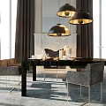Elegant Modern Dining Room With Black Dining Table Grey Chairs Gold Legs And Hanging Lamps