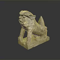 Traditional Stone Lion Statue With Ancient Carved Details Standing On Square Base