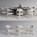 Modern Round Dining Table Set With Light Gray Upholstered Chairs And Metal Frame 3d model