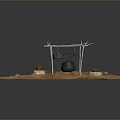 Traditional Camping Cooking Tools With Tripod Black Cauldron Clay Jars And Stones