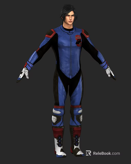 Game And Movie Character Wearing Blue Black Bodysuit With Red Accents And White Gloves 3d model 