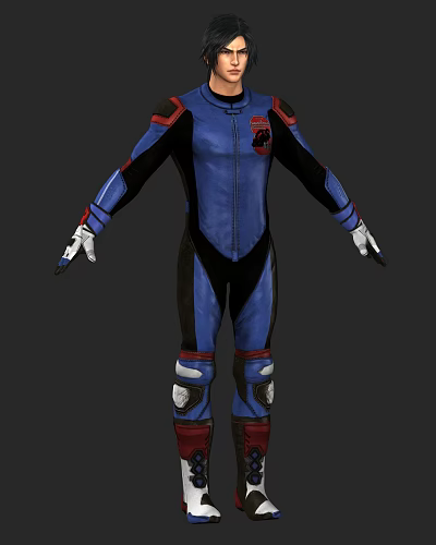 Game And Movie Character Wearing Blue Black Bodysuit With Red Accents And White Gloves 3d model
