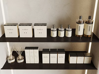 Elegant Home Fragrance Display With Scented Bottles And White Boxes On Shelves 3d model
