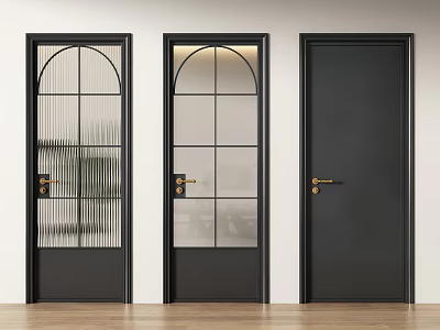 Modern Black Hinged Doors With Arched Glass Panels And Gold Handles For Home Interior Design 3d model