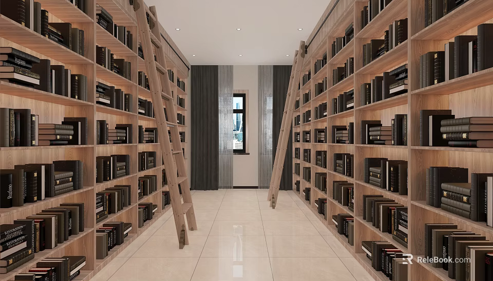 Book Art Inspired Library Interior Design With Tall Bookshelves Wooden Ladders And Stacked Books 3d model 