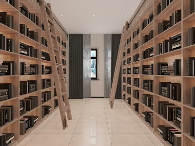 Book Art Inspired Library Interior Design With Tall Bookshelves Wooden Ladders And Stacked Books 3d model