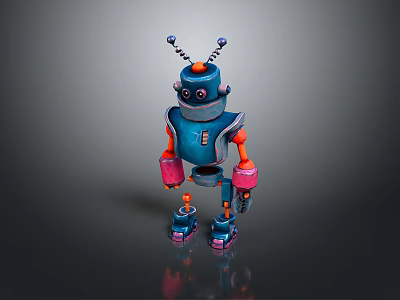 Blue Robot Game Movie Character With Orange Parts Number One And Antennas 3d model