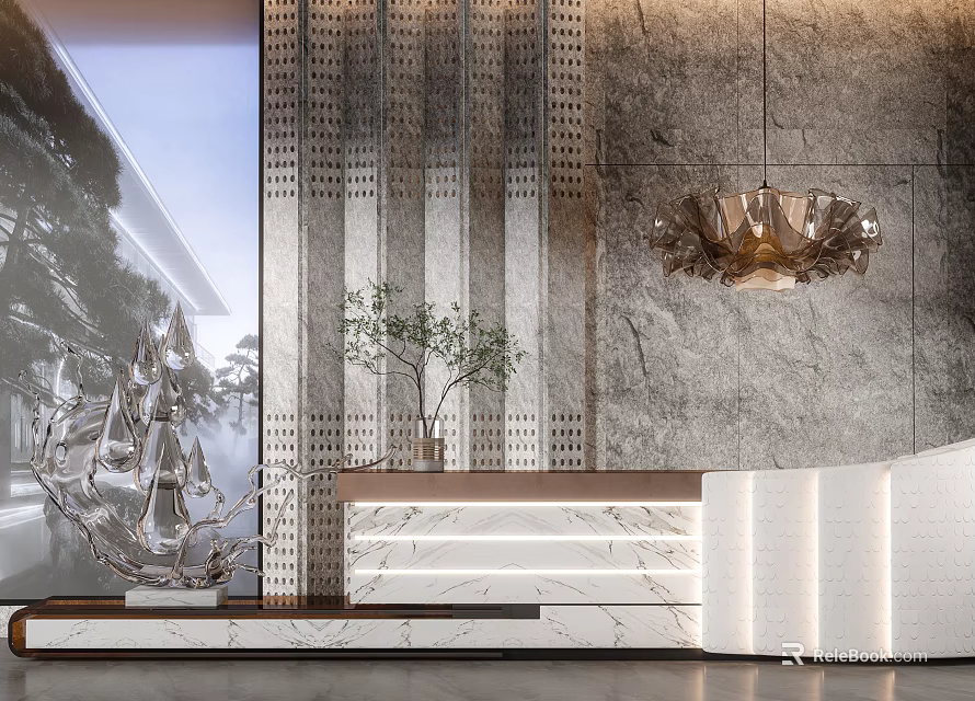Modern Reception Desk Interior Design With Marble Top Stone Wall And Hanging Lamp 3d model 