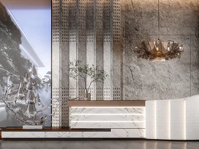 Modern Reception Desk Interior Design With Marble Top Stone Wall And Hanging Lamp 3d model