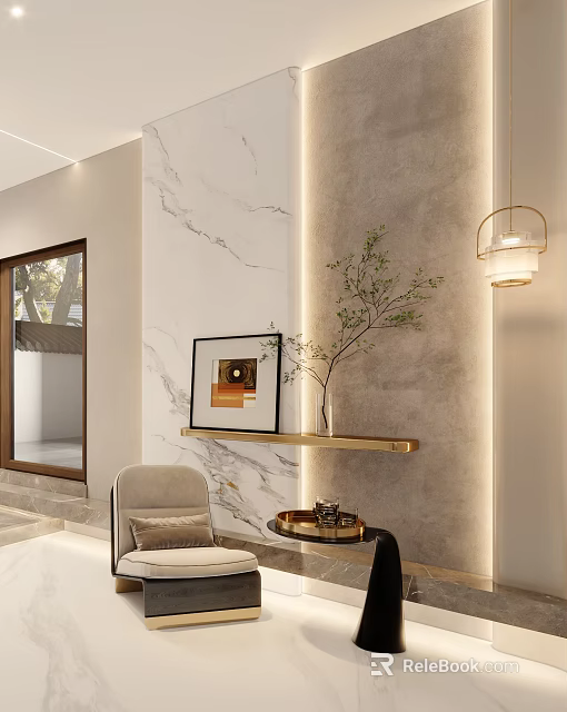 Modern Luxury Leisure Chair In Elegant Interior With Marble Wall Gold Shelf And Green Plant 3d model 