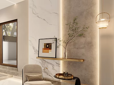 Modern Luxury Leisure Chair In Elegant Interior With Marble Wall Gold Shelf And Green Plant 3d model
