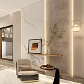Modern Luxury Leisure Chair In Elegant Interior With Marble Wall Gold Shelf And Green Plant