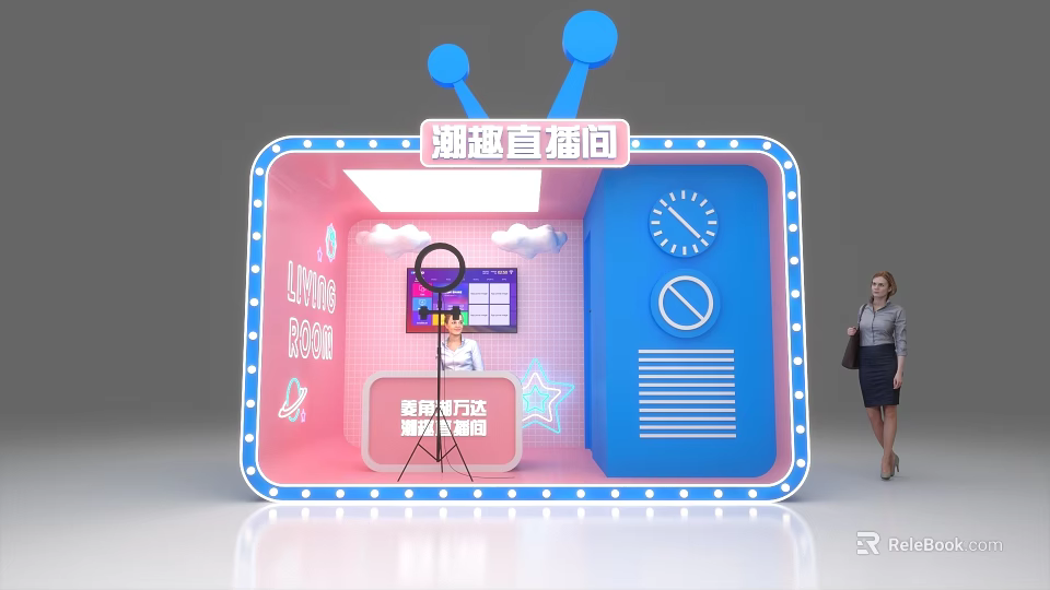Public Office Space Live Streaming Room With Pink Blue Design And Tripod Equipment 3d model 