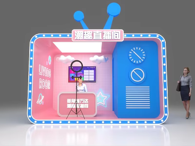 Public Office Space Live Streaming Room With Pink Blue Design And Tripod Equipment 3d model