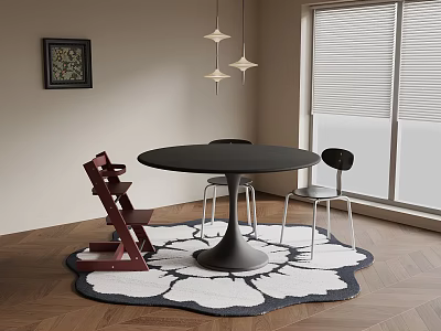Round Black Dining Table And Chairs With Red Wooden And Metal Frame On Patterned Rug 3d model