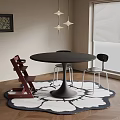Round Black Dining Table And Chairs With Red Wooden And Metal Frame On Patterned Rug